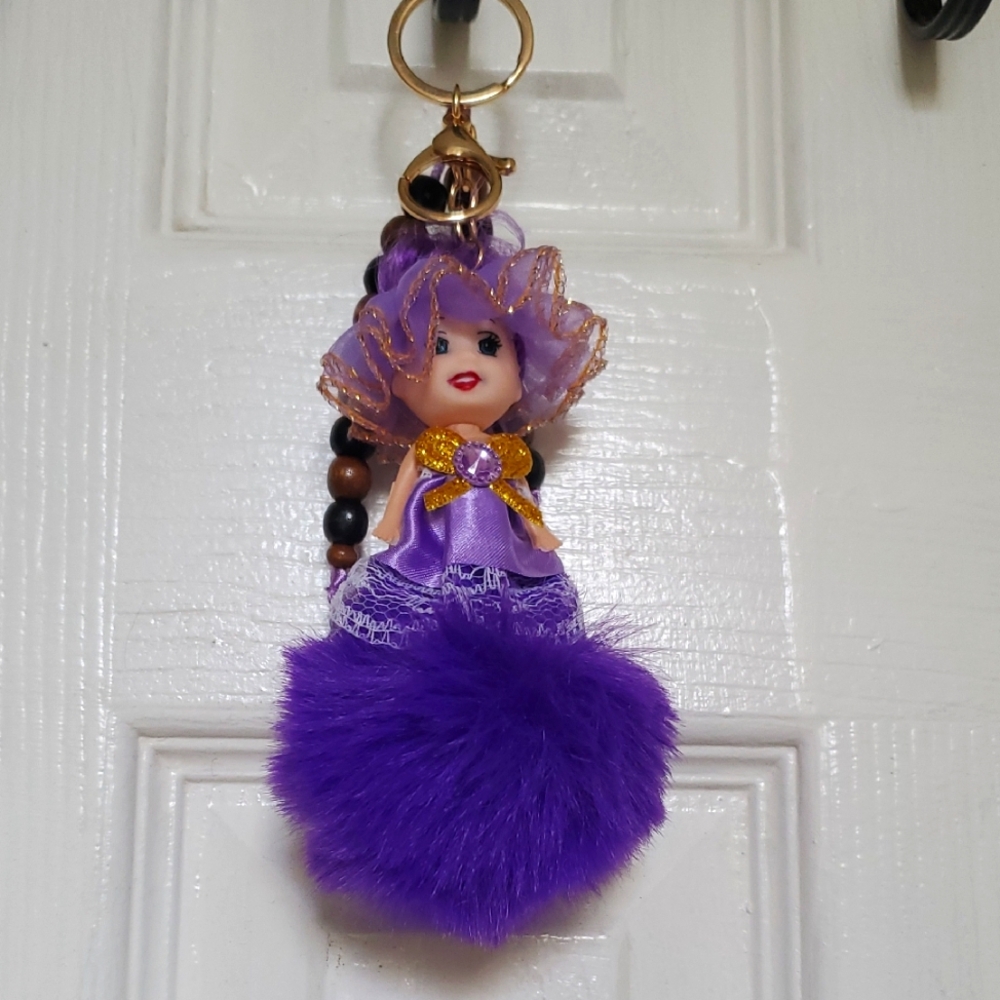 Purple Doll Keychain with Fluffy Pom Pom